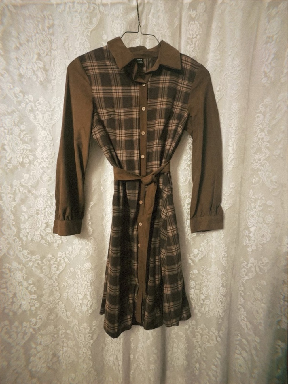 SHEIN Brown Plaid Button-Front Long Sleeve Dress